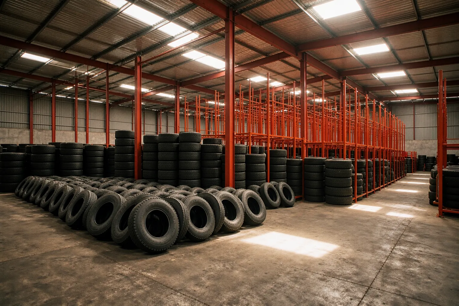 Interior of a ZIMMOTOR tyre warehouse in Harare, stacked truck tyres on red steel racking under a skylit roof